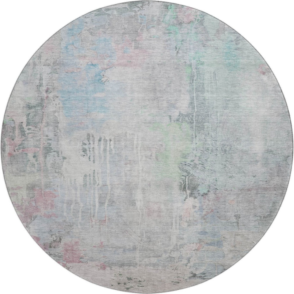 HomeRoots 8' X 8' Abstract Blue-Green & Gray Washable Round Rug with UV Protection for High-Traffic Areas 692133
