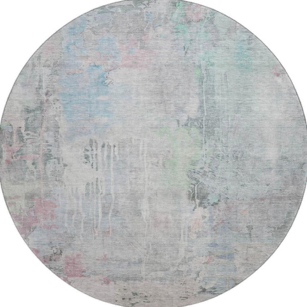 HomeRoots 8' X 8' Abstract Blue-Green & Gray Washable Round Rug with UV Protection for High-Traffic Areas 692133