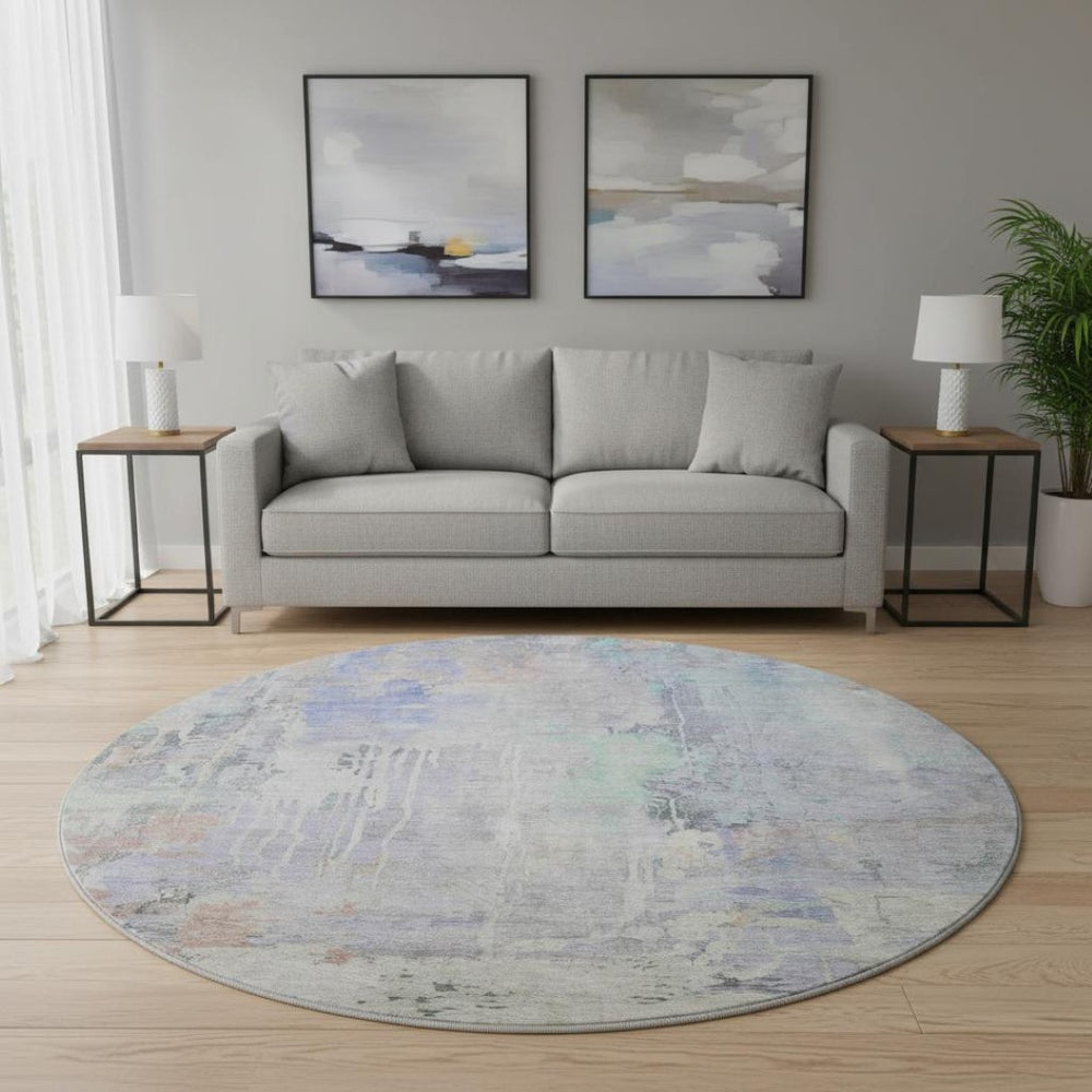 HomeRoots 8' Modern Abstract Washable Round Rug in Purple, Blue & Gray - Stain-Resistant with UV Protection 692139