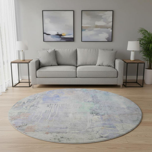 HomeRoots 8' Modern Abstract Washable Round Rug in Purple, Blue & Gray - Stain-Resistant with UV Protection 692139