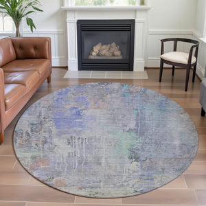 HomeRoots 8' Modern Abstract Washable Round Rug in Purple, Blue & Gray - Stain-Resistant with UV Protection 692139