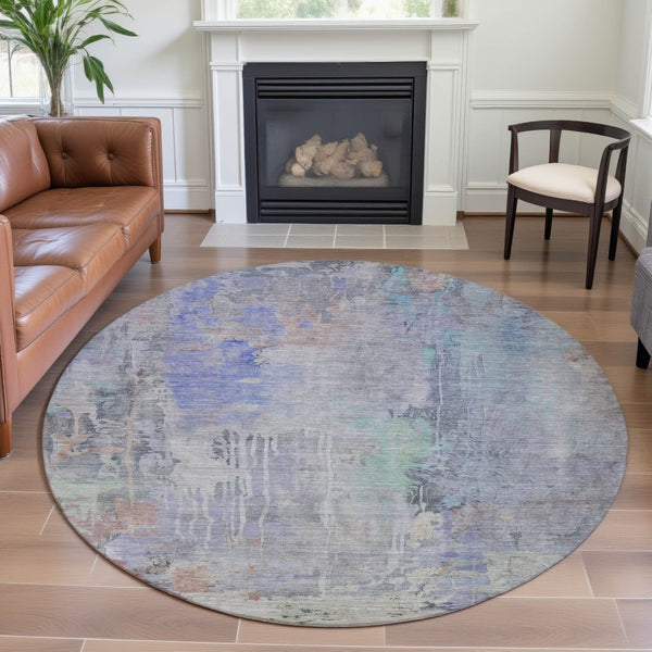 HomeRoots 8' Modern Abstract Washable Round Rug in Purple, Blue & Gray - Stain-Resistant with UV Protection 692139