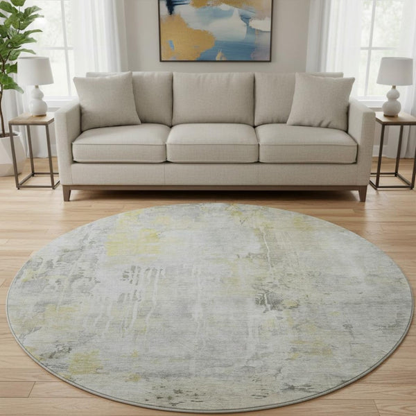 HomeRoots 8' X 8' Modern Silver Gray and Gold Abstract Washable Round Rug with UV Protection & Durability 692145