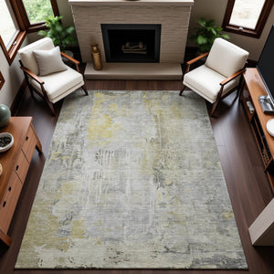 HomeRoots 9' X 12' Silver Gray & Gold Abstract Washable Area Rug with UV Protection, Stain Resistant & Durable 692147