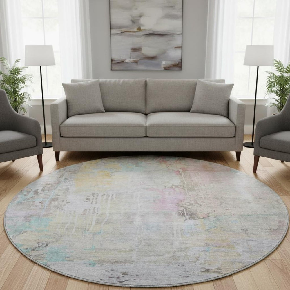 HomeRoots 8' X 8' Modern Abstract Washable Round Rug in Taupe, Teal & Purple with UV Protection & Durability 692151