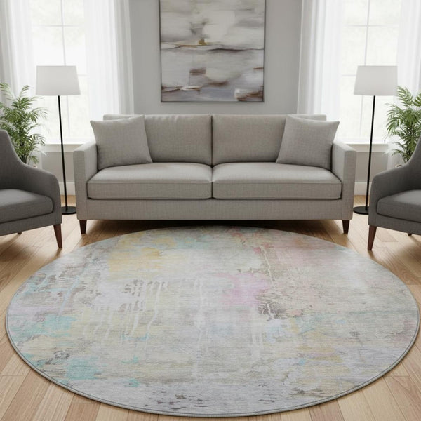 HomeRoots 8' X 8' Modern Abstract Washable Round Rug in Taupe, Teal & Purple with UV Protection & Durability 692151