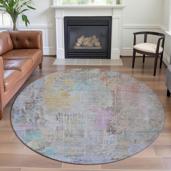 HomeRoots 8' X 8' Modern Abstract Washable Round Rug in Taupe, Teal & Purple with UV Protection & Durability 692151