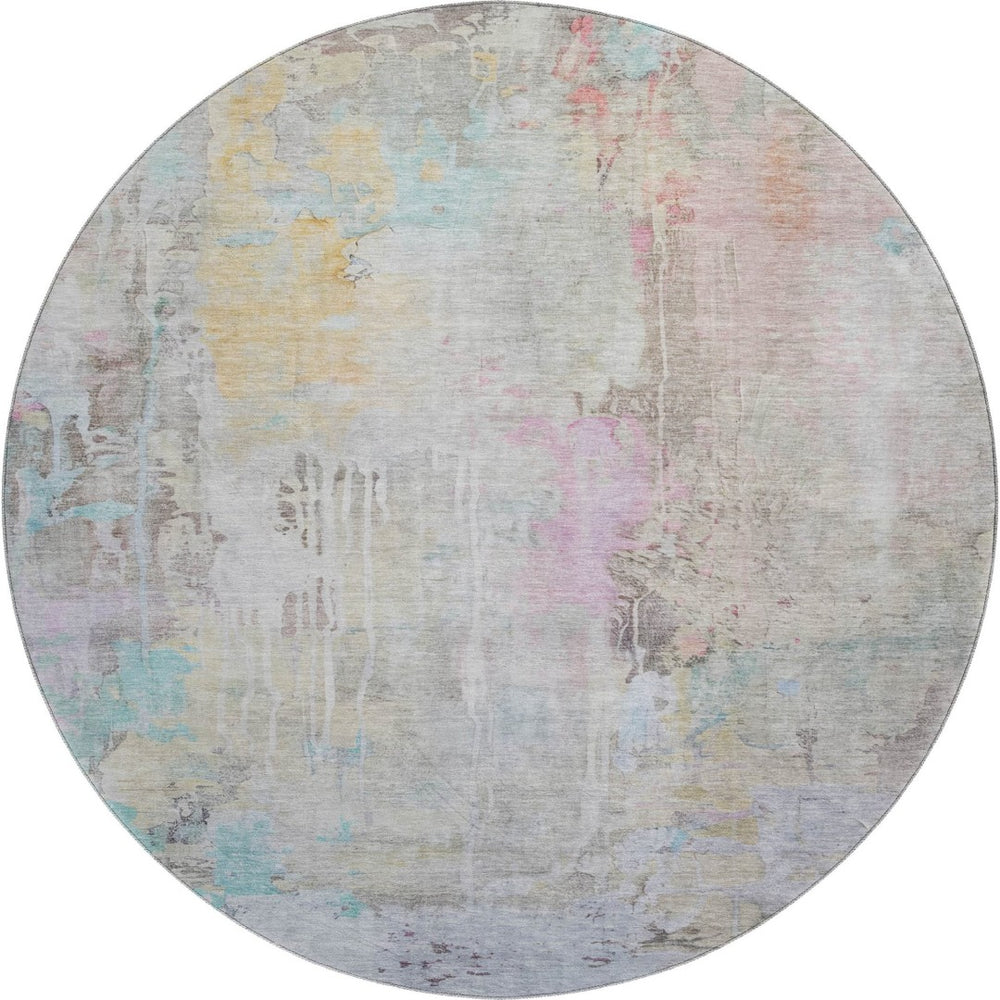 HomeRoots 8' X 8' Modern Abstract Washable Round Rug in Taupe, Teal & Purple with UV Protection & Durability 692151