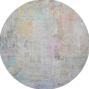 HomeRoots 8' X 8' Modern Abstract Washable Round Rug in Taupe, Teal & Purple with UV Protection & Durability 692151