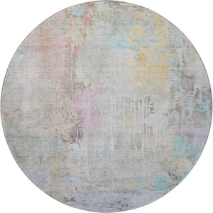 HomeRoots 8' X 8' Modern Abstract Washable Round Rug in Taupe, Teal & Purple with UV Protection & Durability 692151