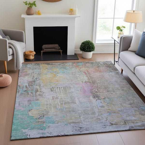 HomeRoots 8' Abstract Taupe, Teal & Purple Area Rug - Washable, UV-Protected, Stain-Resistant for High Traffic! 692152