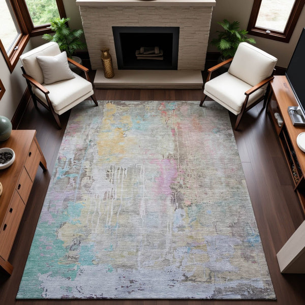 HomeRoots 8' Abstract Taupe, Teal & Purple Area Rug - Washable, UV-Protected, Stain-Resistant for High Traffic! 692152