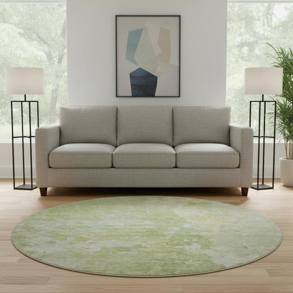 HomeRoots 8' Artichoke Green & Gold Abstract Washable Round Rug - UV Protected, Durable, Non-Slip Design 692157