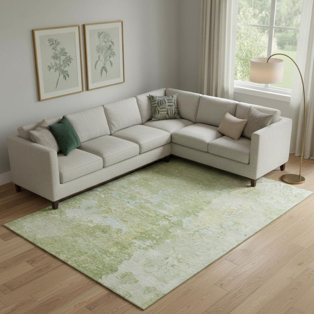 HomeRoots 9' X 12' Artichoke Green & Gold Abstract Area Rug - Washable, UV Protected, Durable for High Traffic Spaces 692159