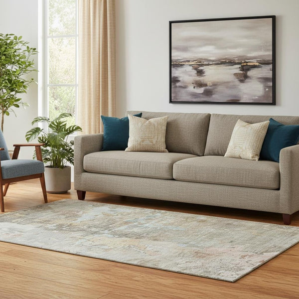 HomeRoots 5' X 8' Contemporary Abstract Area Rug in Brown, Beige & Blue - Stain Resistant & UV Protected! 692162
