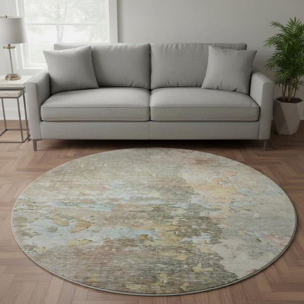 HomeRoots 8' Round Washable Rug in Brown, Beige & Blue Abstract Design – UV Protected, Durable & Stylish! 692163