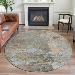 HomeRoots 8' Round Washable Rug in Brown, Beige & Blue Abstract Design – UV Protected, Durable & Stylish! 692163