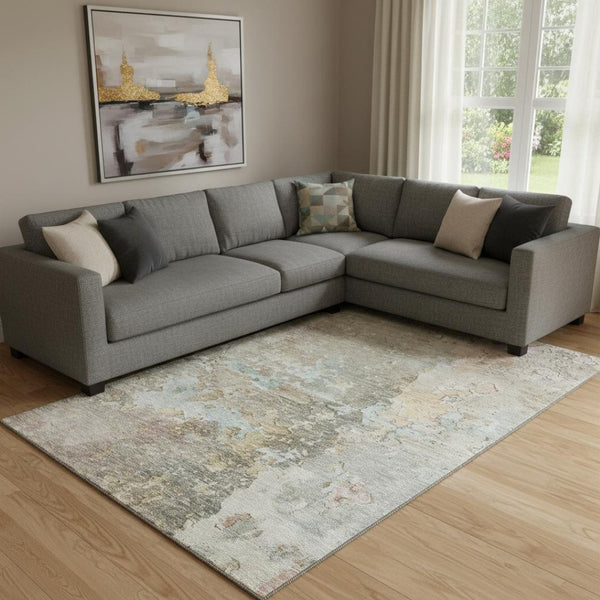 HomeRoots 8' Transitional Abstract Area Rug in Brown, Beige & Blue – Washable, Stain-Resistant & UV-Protected! 692164