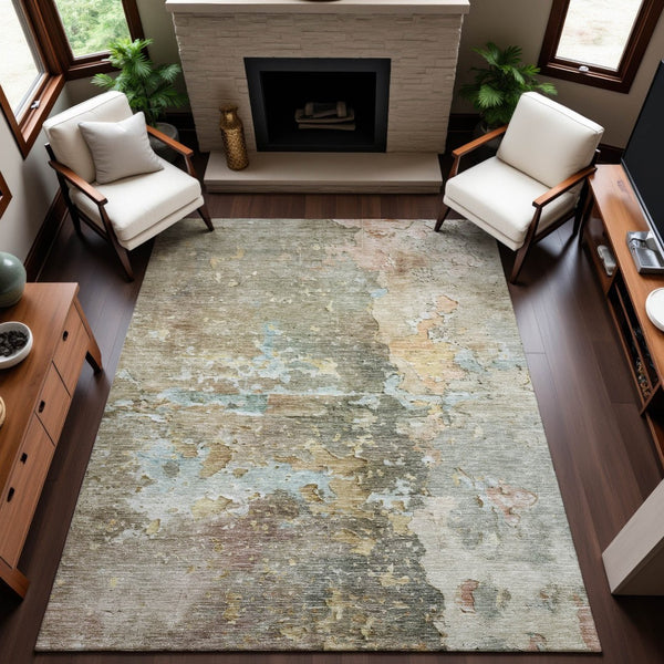 HomeRoots 9' Abstract Brown Beige and Blue Washable Area Rug with UV Protection – Perfect for Active Homes! 692165