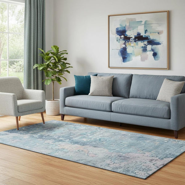 HomeRoots 5' Stylish Washable Abstract Area Rug in Blue, Pink & Gray - Durable, UV-Protected for Busy Homes 692168