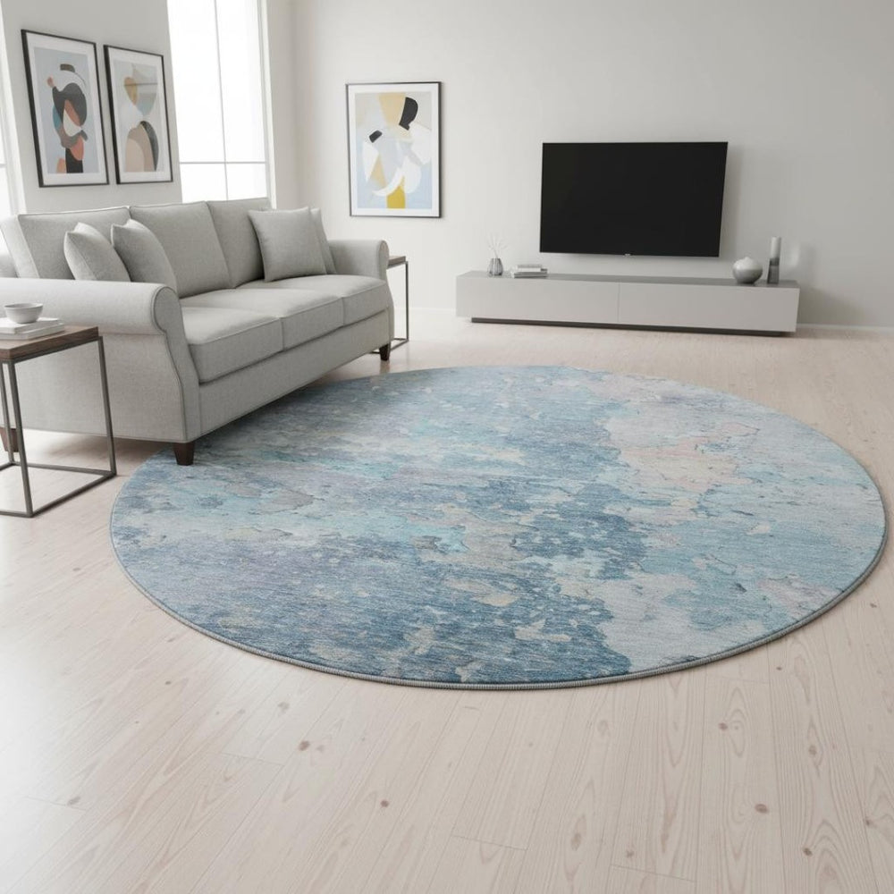 HomeRoots 8' X 8' Abstract Washable Round Rug in Blue, Pink & Gray - UV Protected, Stain Resistant & Non-Slip! 692169