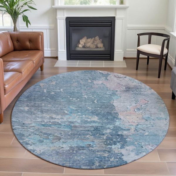 HomeRoots 8' X 8' Abstract Washable Round Rug in Blue, Pink & Gray - UV Protected, Stain Resistant & Non-Slip! 692169