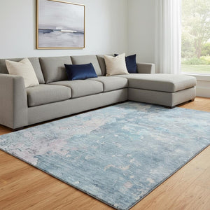 HomeRoots 8' Blue Pink and Gray Abstract Area Rug - Washable, UV Protected, Perfect for High-Traffic Spaces! 692170