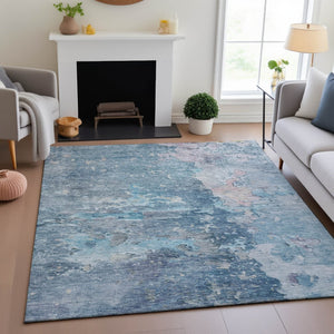 HomeRoots 9' X 12' Modern Blue Pink Gray Abstract Washable Area Rug with UV Protection for Busy Homes 692171
