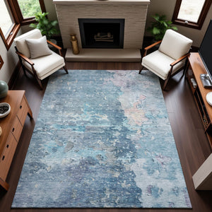 HomeRoots 9' X 12' Modern Blue Pink Gray Abstract Washable Area Rug with UV Protection for Busy Homes 692171