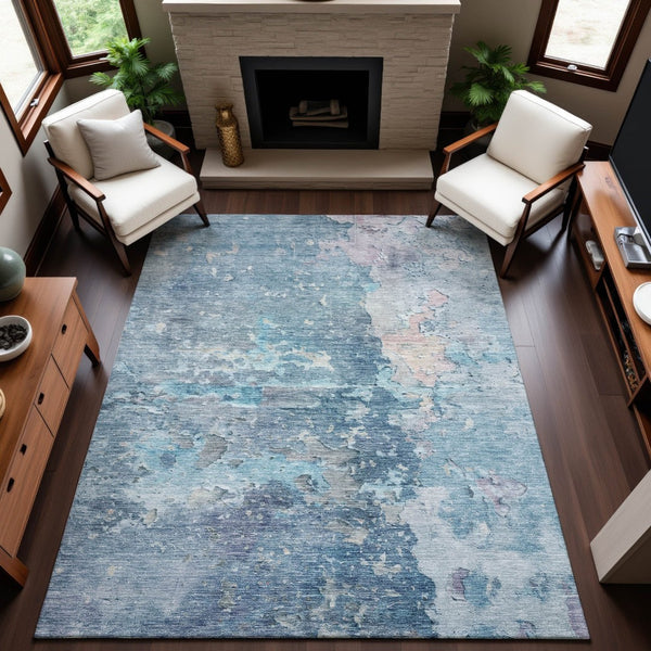 HomeRoots 9' X 12' Modern Blue Pink Gray Abstract Washable Area Rug with UV Protection for Busy Homes 692171