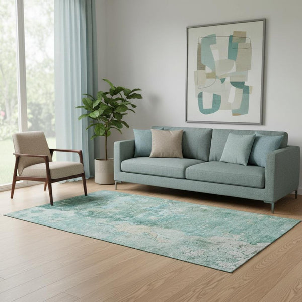 HomeRoots 5' X 8' Washable Area Rug in Emerald, Pale Aqua & Ivory – Stain Resistant with UV Protection! 692174