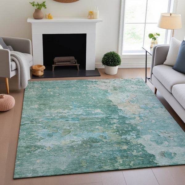 HomeRoots 5' X 8' Washable Area Rug in Emerald, Pale Aqua & Ivory – Stain Resistant with UV Protection! 692174
