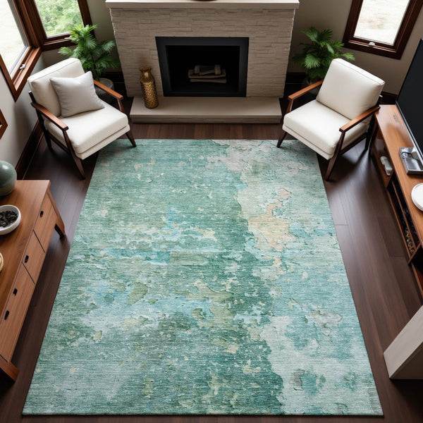 HomeRoots 5' X 8' Washable Area Rug in Emerald, Pale Aqua & Ivory – Stain Resistant with UV Protection! 692174