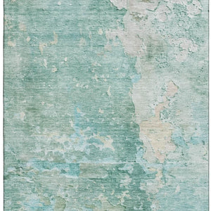 HomeRoots 5' X 8' Washable Area Rug in Emerald, Pale Aqua & Ivory – Stain Resistant with UV Protection! 692174