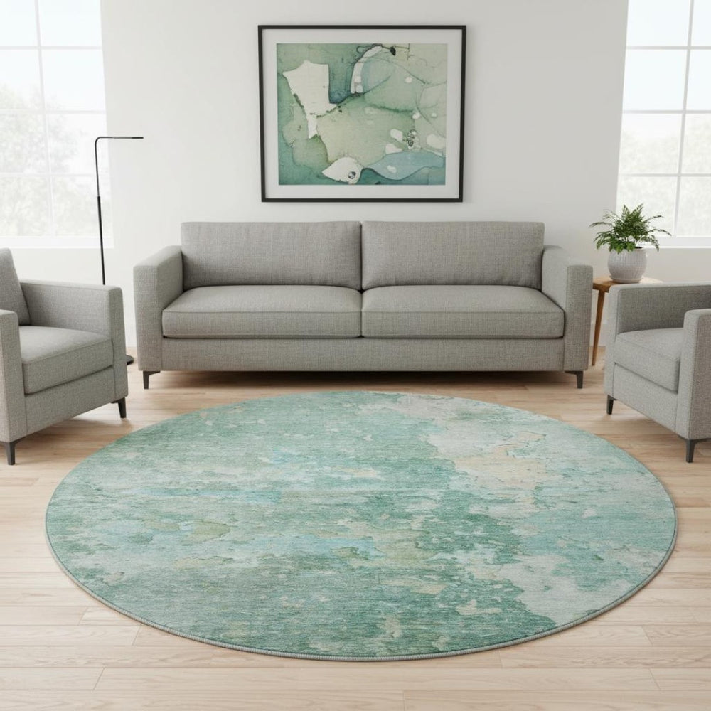 HomeRoots 8' X 8' Washable Round Rug in Emerald Aqua Ivory - Modern Abstract Design with UV Protection & Durability 692175