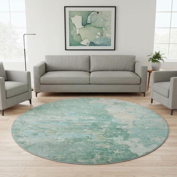 HomeRoots 8' X 8' Washable Round Rug in Emerald Aqua Ivory - Modern Abstract Design with UV Protection & Durability 692175