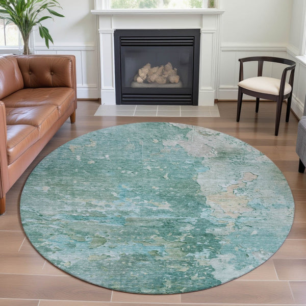 HomeRoots 8' X 8' Washable Round Rug in Emerald Aqua Ivory - Modern Abstract Design with UV Protection & Durability 692175