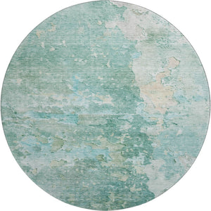 HomeRoots 8' X 8' Washable Round Rug in Emerald Aqua Ivory - Modern Abstract Design with UV Protection & Durability 692175