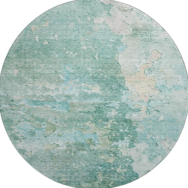 HomeRoots 8' X 8' Washable Round Rug in Emerald Aqua Ivory - Modern Abstract Design with UV Protection & Durability 692175