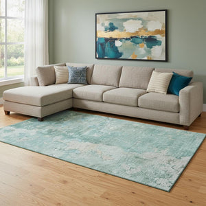 HomeRoots 8' Stunning Emerald Aqua Ivory Abstract Washable Area Rug - UV Protected, Stain-Resistant, Durable! 692176