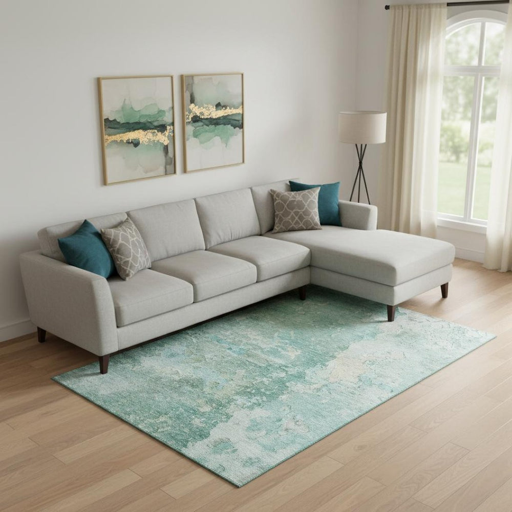 HomeRoots 9' X 12' Abstract Washable Area Rug in Emerald Aqua & Ivory - UV Protected, Stylish & Durable Design 692177