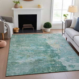 HomeRoots 9' X 12' Abstract Washable Area Rug in Emerald Aqua & Ivory - UV Protected, Stylish & Durable Design 692177