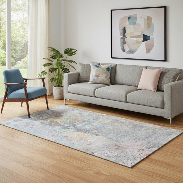 HomeRoots 5' X 8' Stylish Abstract Area Rug in Granite Gray, Teal & Blush – Washable, Non-Slip, UV Protected 692180
