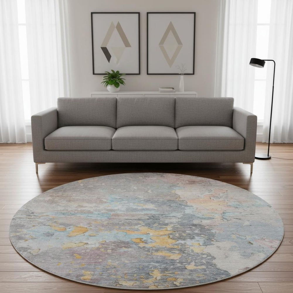 HomeRoots 8' X 8' Washable Abstract Round Rug in Granite Gray, Teal & Blush - UV-Protected for Busy Homes 692181