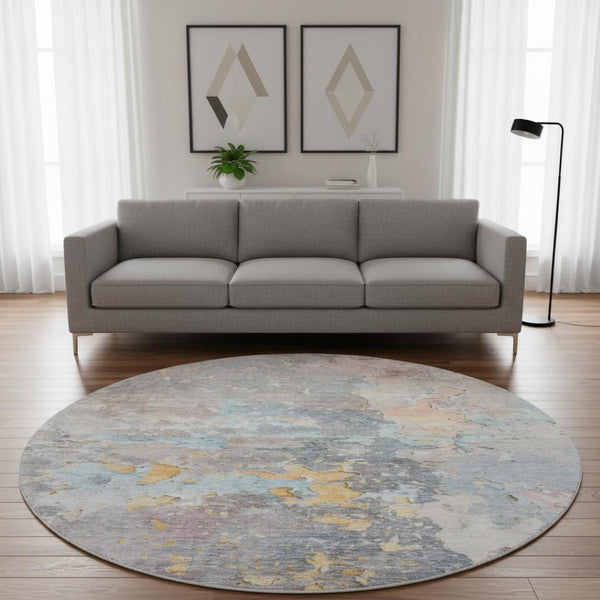 HomeRoots 8' X 8' Washable Abstract Round Rug in Granite Gray, Teal & Blush - UV-Protected for Busy Homes 692181