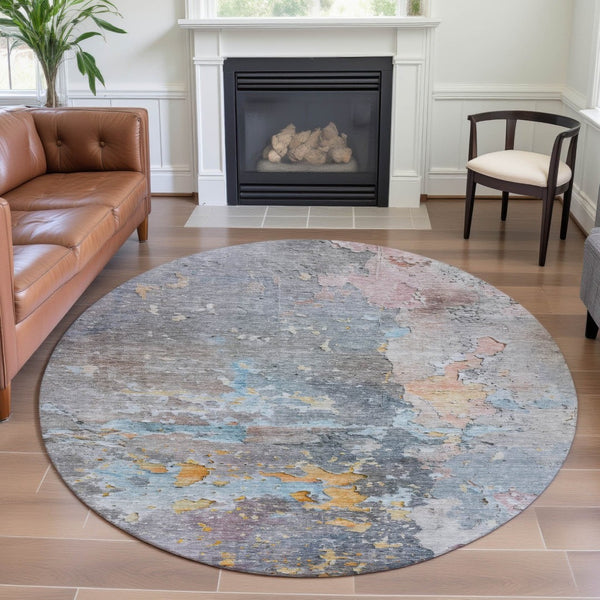 HomeRoots 8' X 8' Washable Abstract Round Rug in Granite Gray, Teal & Blush - UV-Protected for Busy Homes 692181