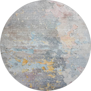 HomeRoots 8' X 8' Washable Abstract Round Rug in Granite Gray, Teal & Blush - UV-Protected for Busy Homes 692181