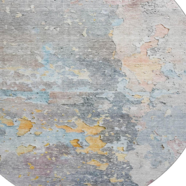 HomeRoots 8' X 8' Washable Abstract Round Rug in Granite Gray, Teal & Blush - UV-Protected for Busy Homes 692181