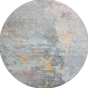 HomeRoots 8' X 8' Washable Abstract Round Rug in Granite Gray, Teal & Blush - UV-Protected for Busy Homes 692181