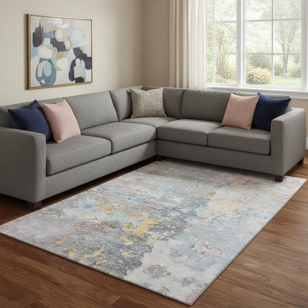 HomeRoots 8' Granite Gray Teal & Blush Abstract Washable Area Rug - UV Protected, Stain Resistant, Durable Design 692182